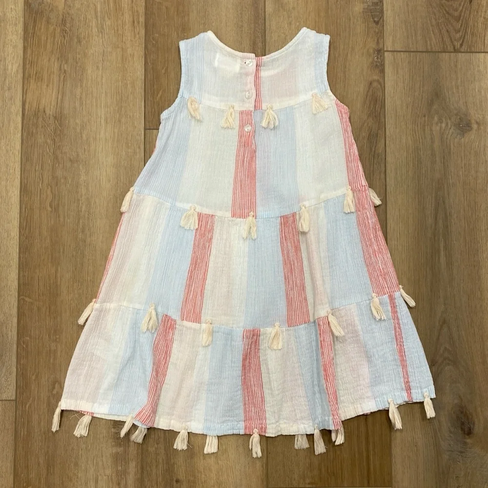 🌟POPPET AND FOX🌟 GIRLS TIERED GAUZE STRIPED DRESS WITH TASSELS SZ 6